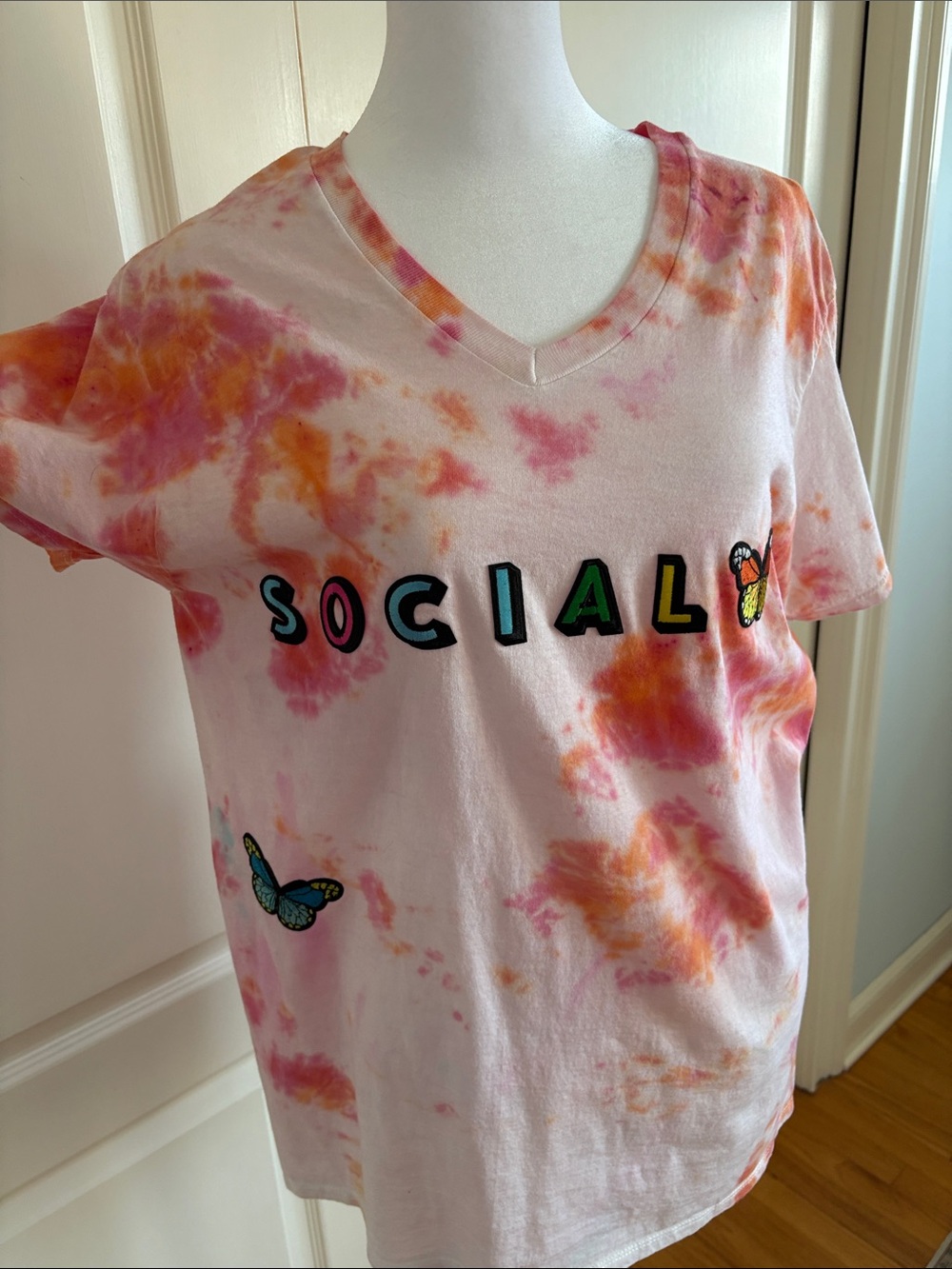 Social Butterfly Tie-Dye  Tee - Pink & Orange /Party Animal in greens and blues